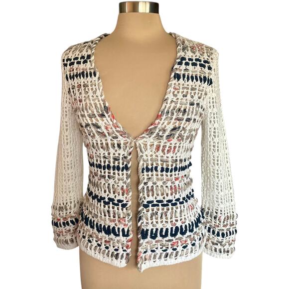 Zozo Crochet Cream Cardigan SMALL Linen Blend Beachy Coastal Boho Grannycore - Picture 1 of 9